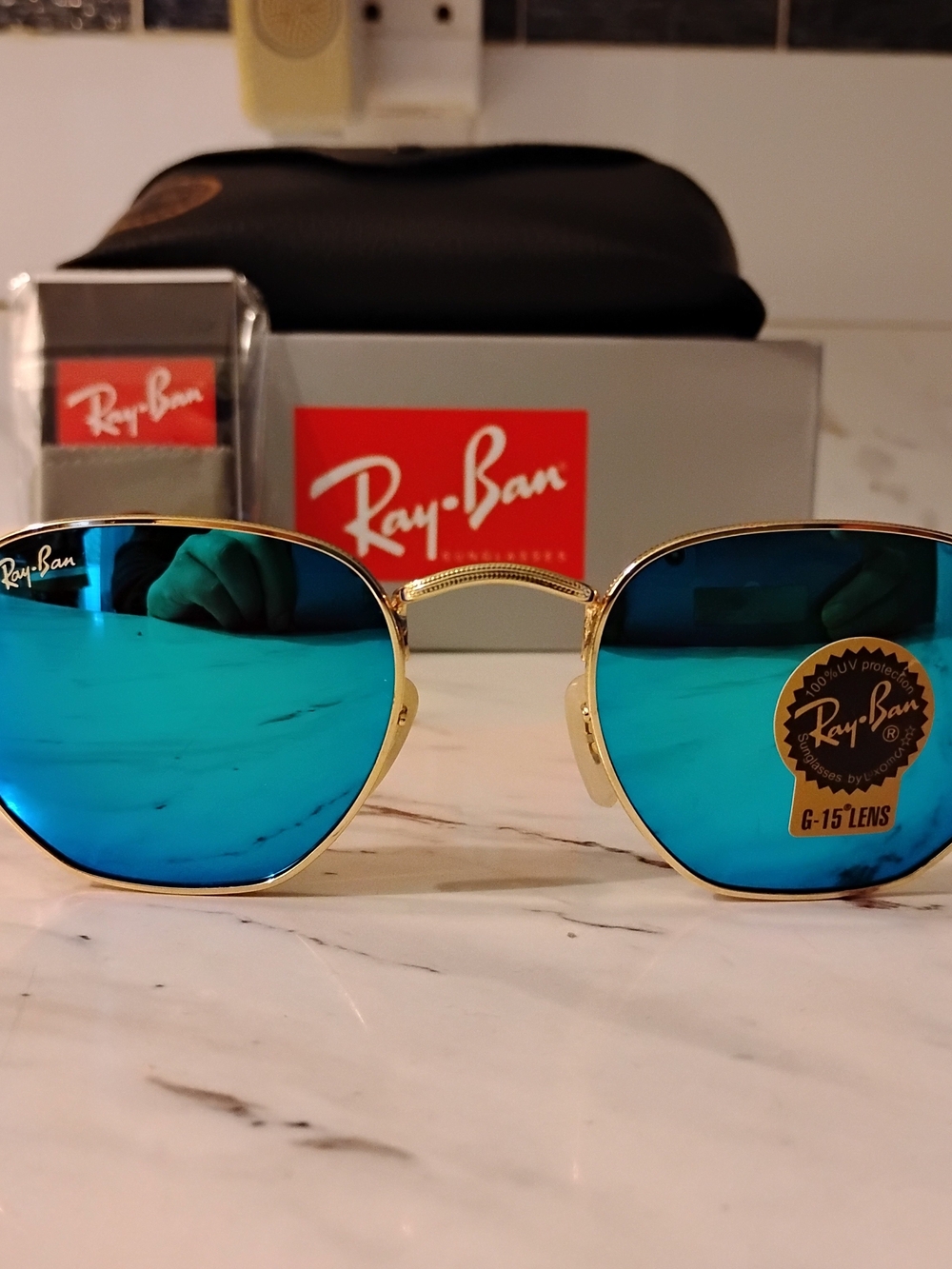 Ray-Ban Men’s Gold Frame Sunglasses with Blue Mirrored Lenses